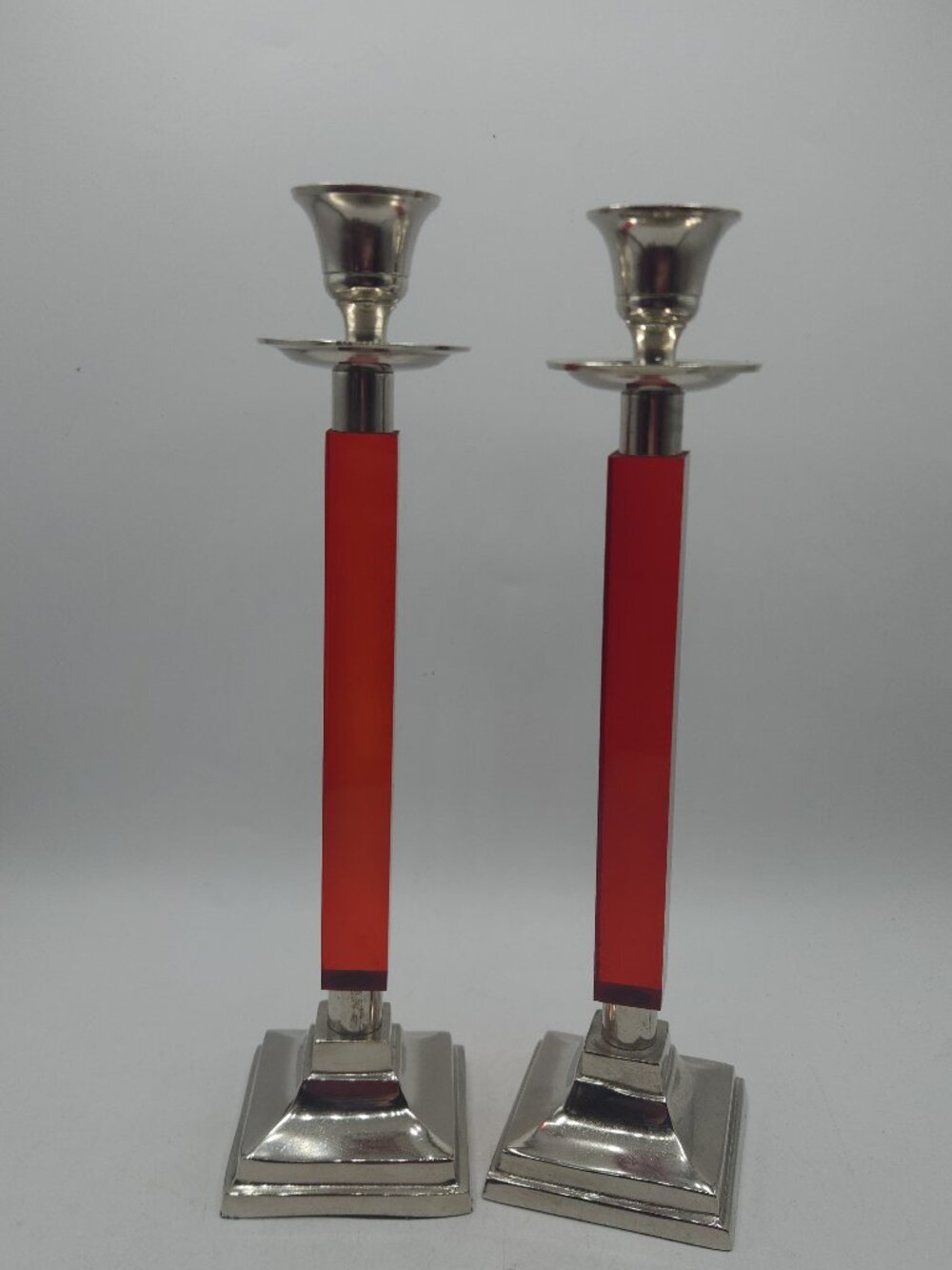 TAPER CANDLESTICK Holders Matching Set Of 2 Red Plastic & SilverTone 12.5" Tall.